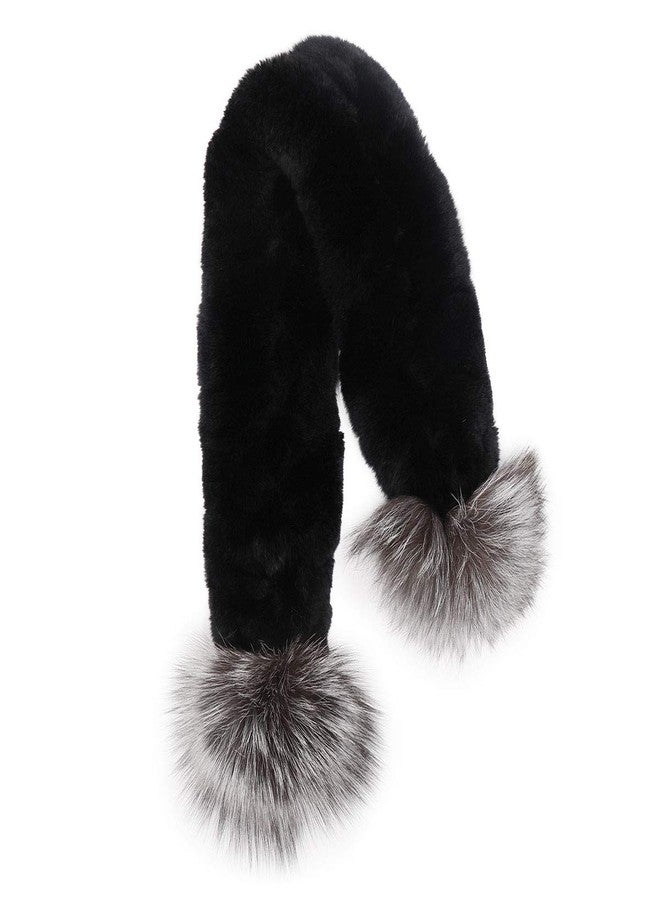 surell - 30" Short Rex Rabbit Fur Ball Scarf with Fox Fur Poms - Womens Accessory Scarf - Fashionable Warm Furry Winter Collar Gift - Soft Luxurious Comfortable Cold Weather Wrap (Black, Blue Frost) - Image 1